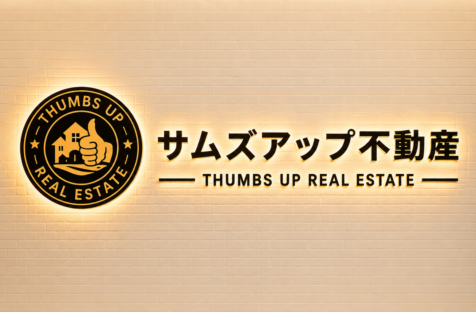 白いレンガ調の壁面に掲げられた株式会社サムズアップ不動産のロゴ
